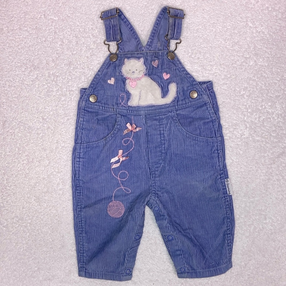 Vintage vitamins corduroy overalls fuzzy kitty cat embroidery ball of yarn 3/6m